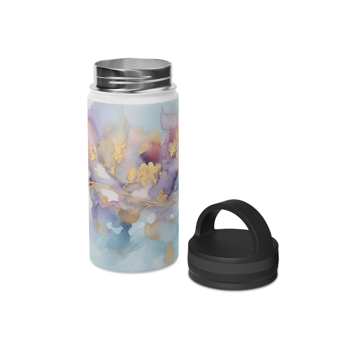 Orchid Purple, Teal Blue, Watercolour, Gold Streaks, Marbled, Stainless Steel Water Bottle, Handle Lid