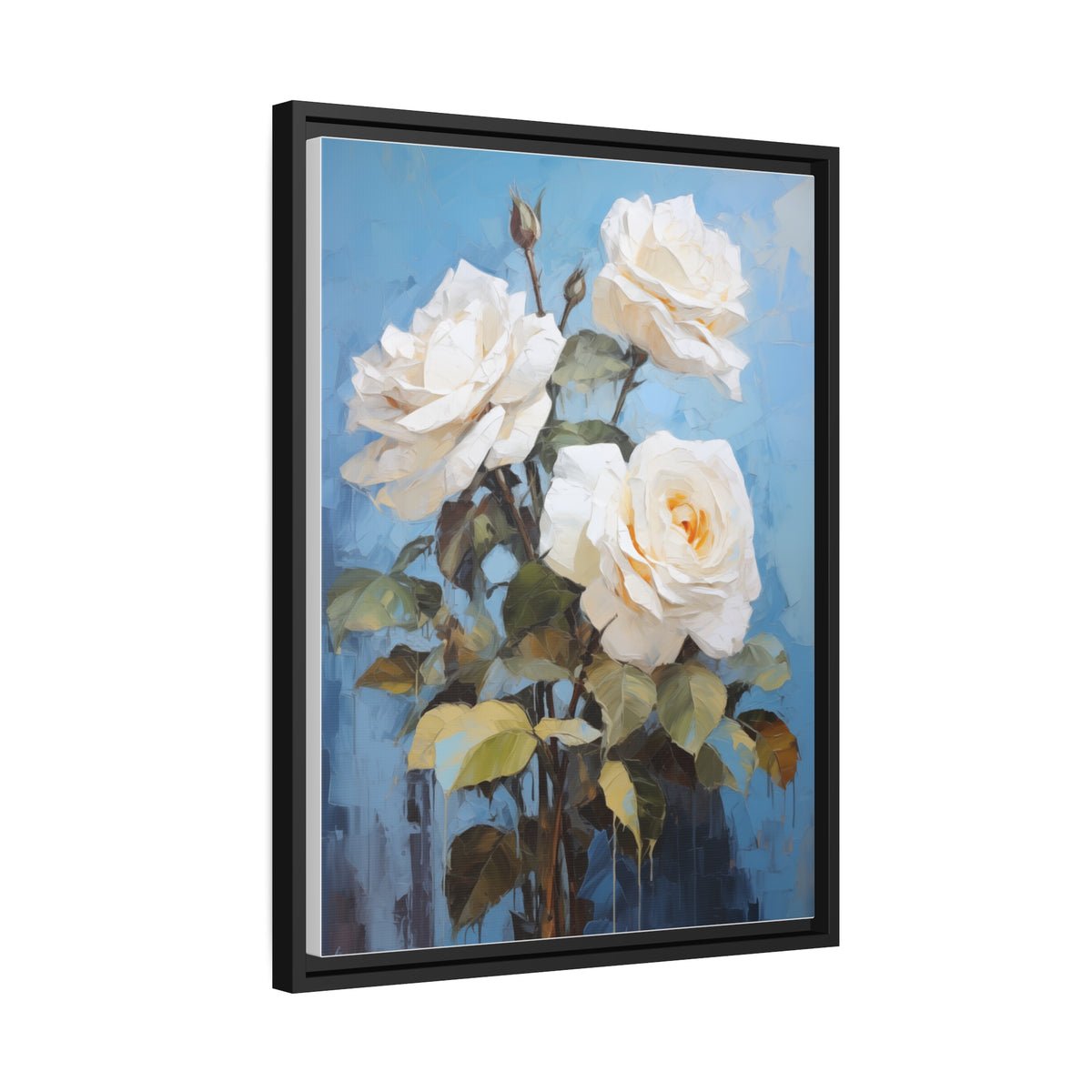 White Rose Flower, Oil Painting, Matte Canvas, Black Frame