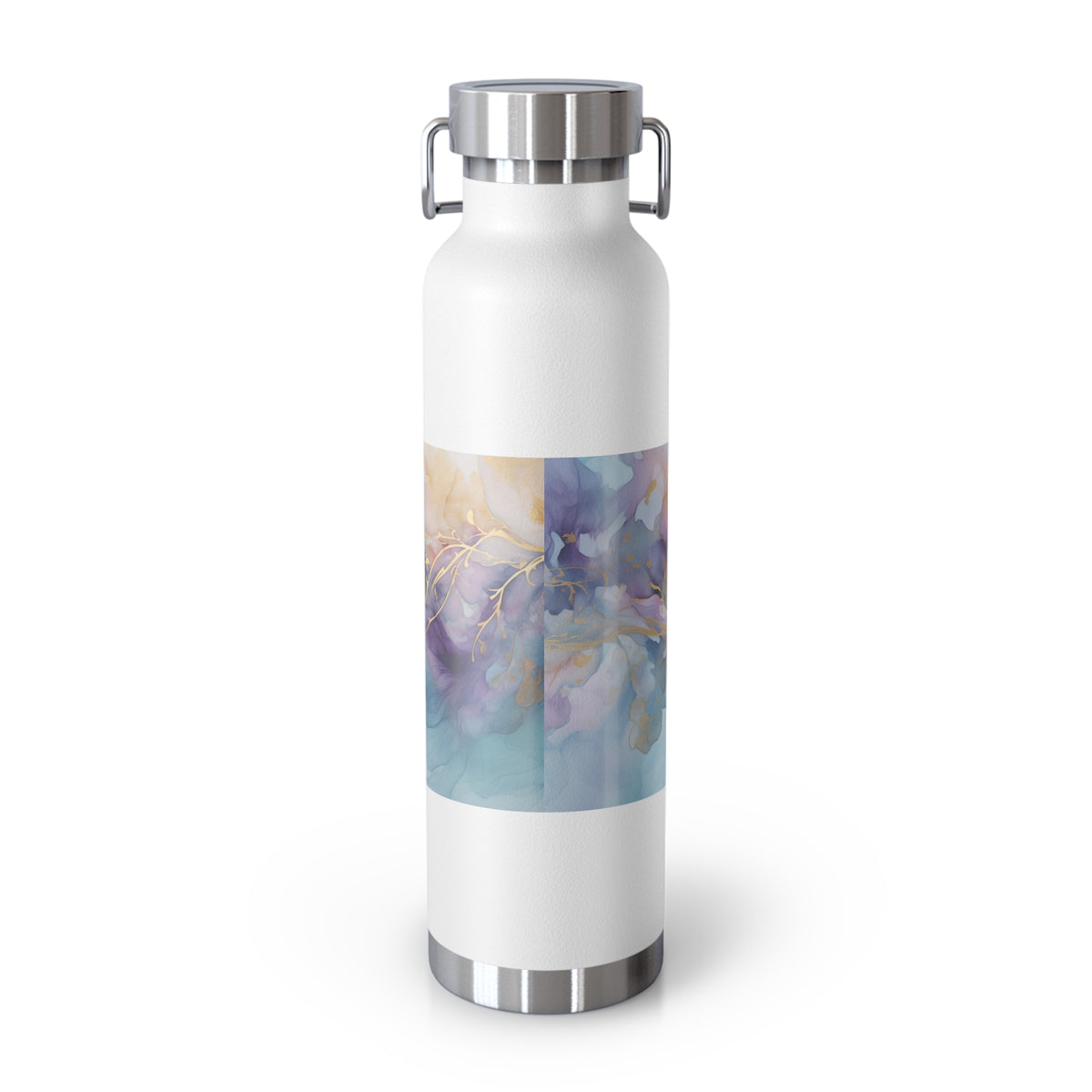 Orchid Purple, Teal Blue, Watercolour, Gold Streaks, Marbled, Copper Vacuum Insulated Bottle, 22oz