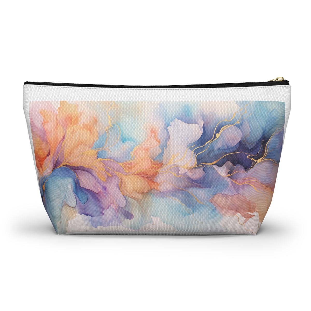 Orchid Purple, Teal Blue, Coral Reef, Watercolour, Gold Streaks, Marbled, Accessory Pouch w T-bottom