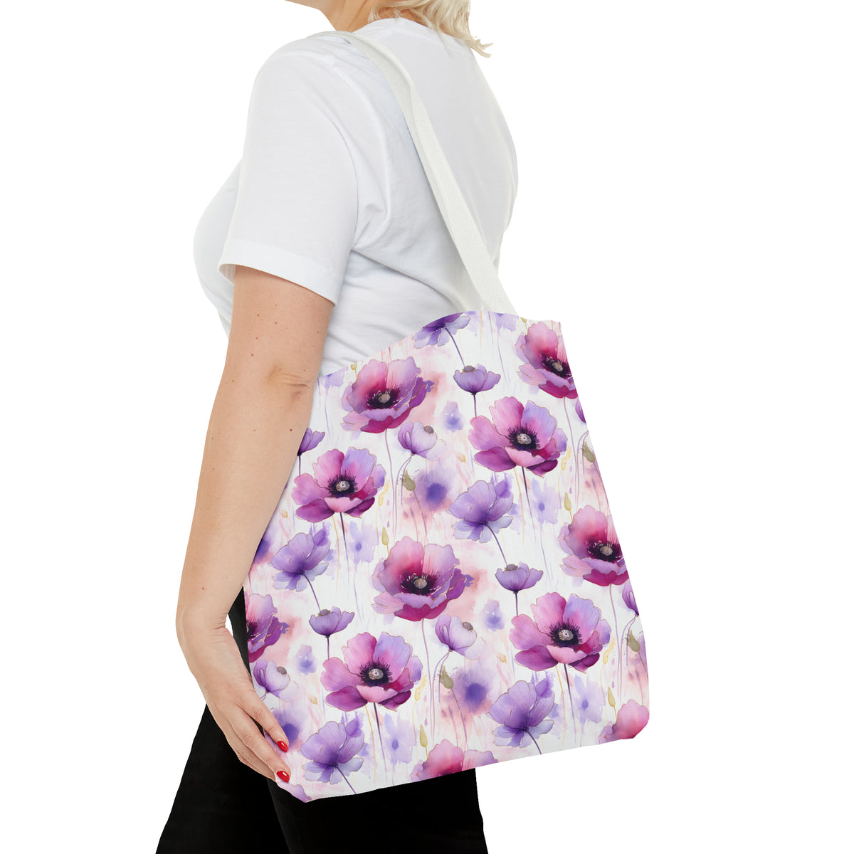 Purple Poppies Floral Pattern, Watercolour, Flowers, Tote Bag (AOP)