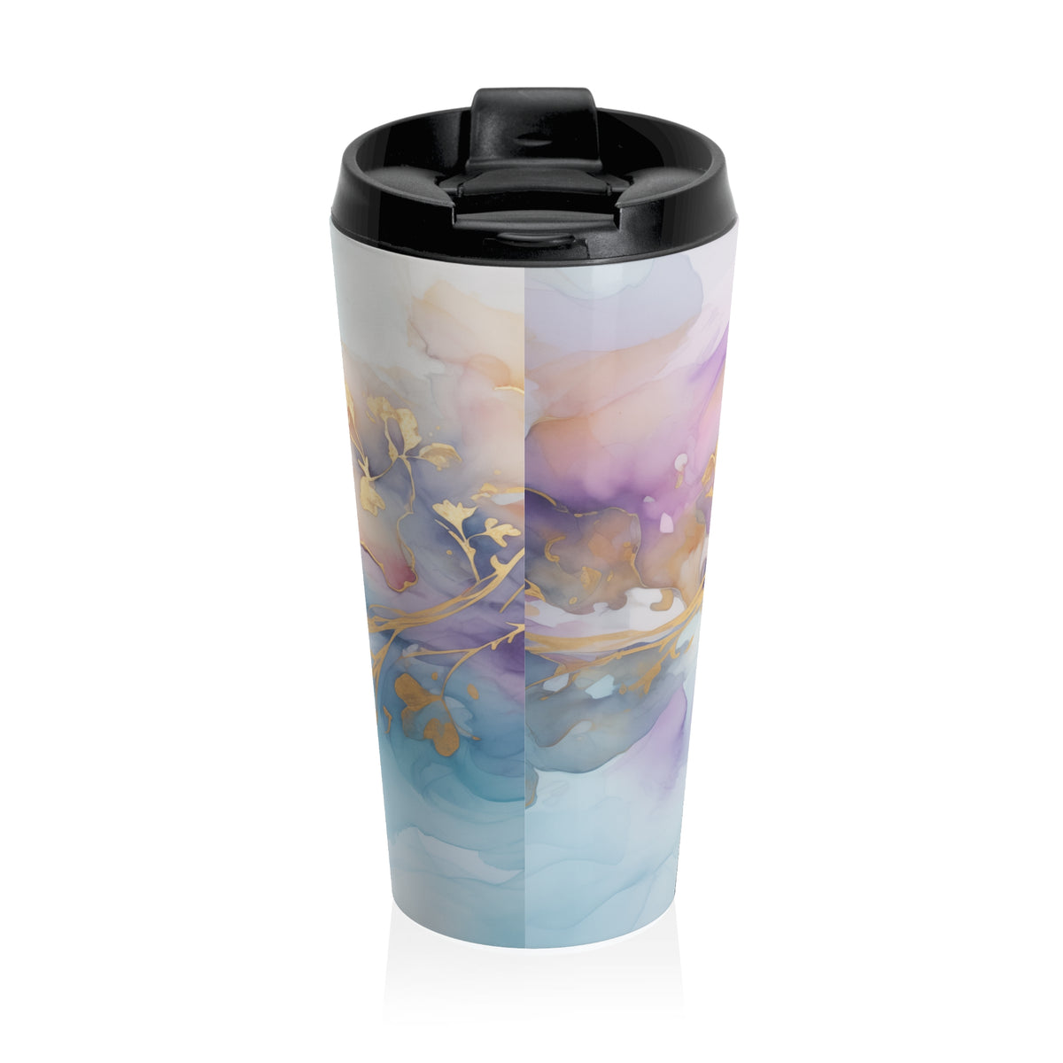 Orchid Purple, Teal Blue, Watercolour, Gold Streaks, Marbled, Stainless Steel Travel Mug