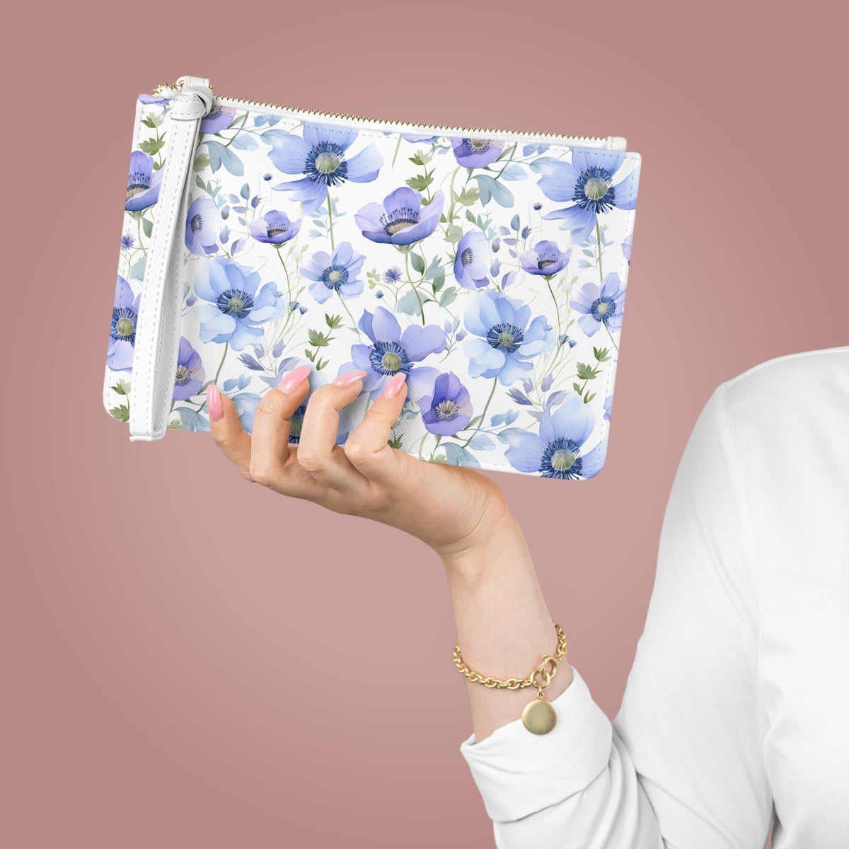 Blue Floral Pattern, Watercolour, Flowers, Clutch Bag