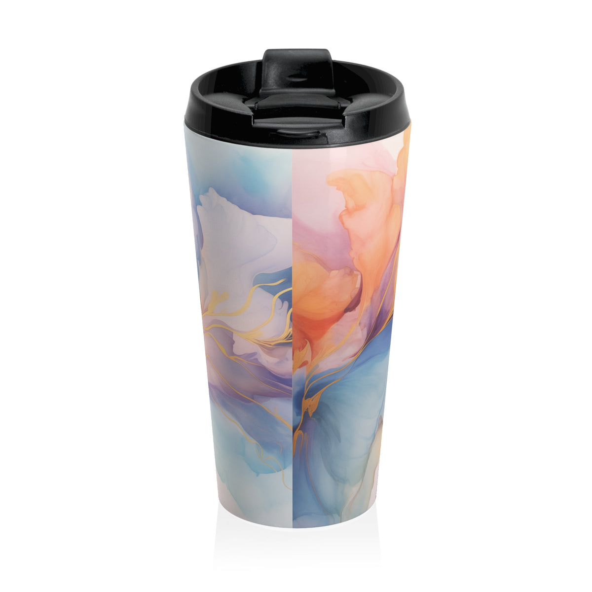 Orchid Purple, Teal Blue, Coral Reef, Watercolour, Gold Streaks, Marbled, Stainless Steel Travel Mug