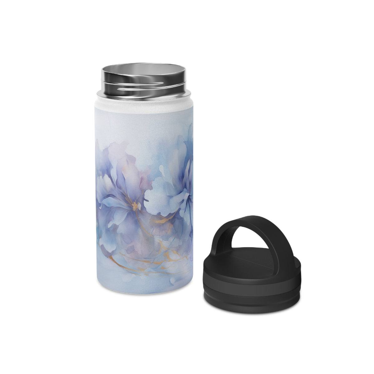 Ultramarine Blue, Payne's Gray, Pale Lavender, Watercolour, Gold Streaks, Marbled, Stainless Steel Water Bottle, Handle Lid