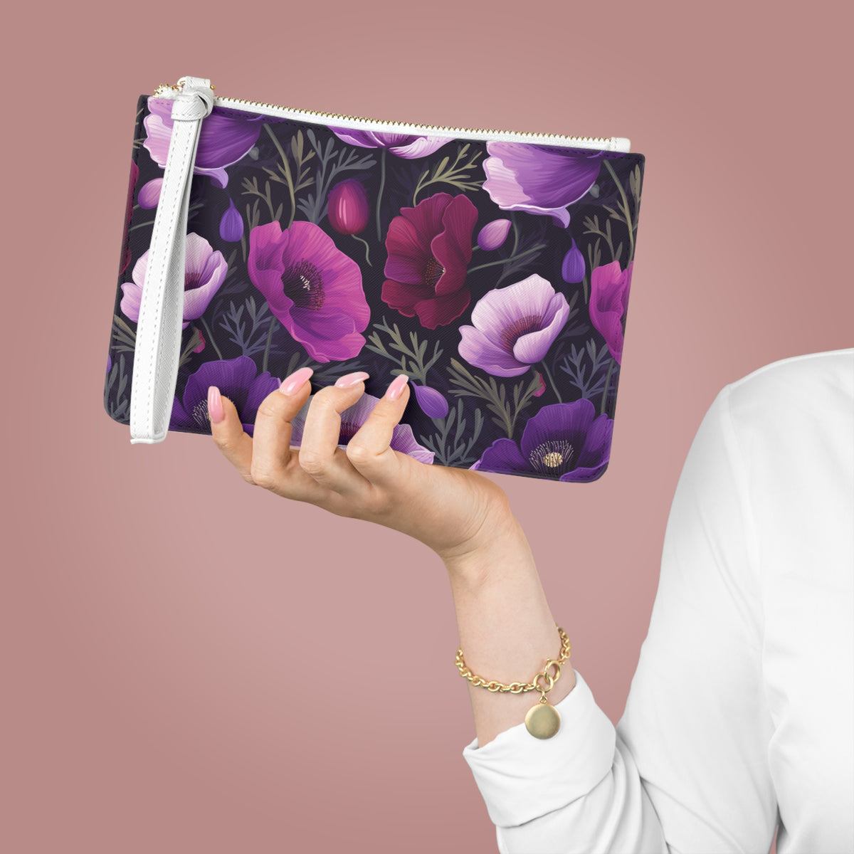 Purple Poppies Floral Pattern, Watercolour, Flowers, Clutch Bag