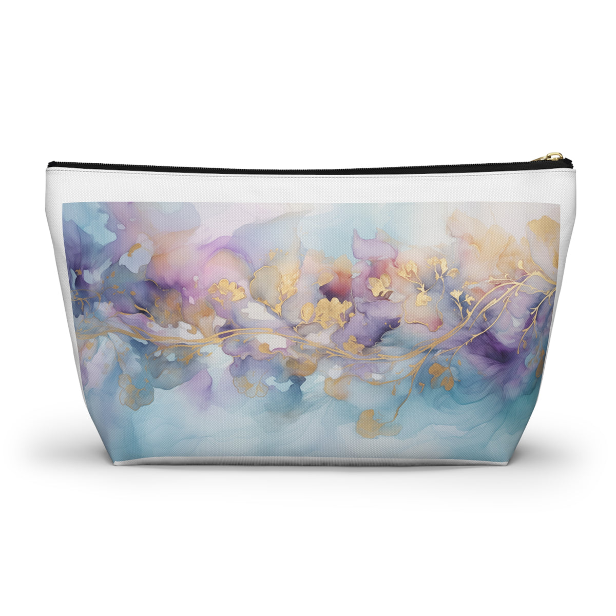 Orchid Purple, Teal Blue, Watercolour, Gold Streaks, Marbled, Accessory Pouch w T-bottom