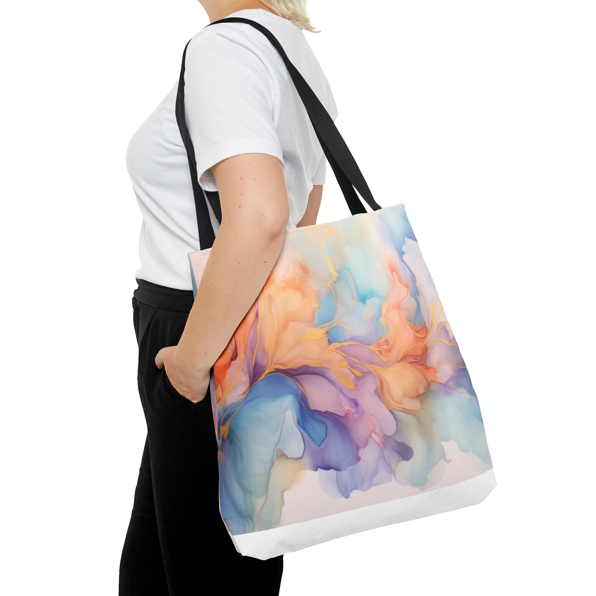 Orchid Purple, Teal Blue, Coral Reef, Watercolour, Gold Streaks, Marbled, Tote Bag (AOP)