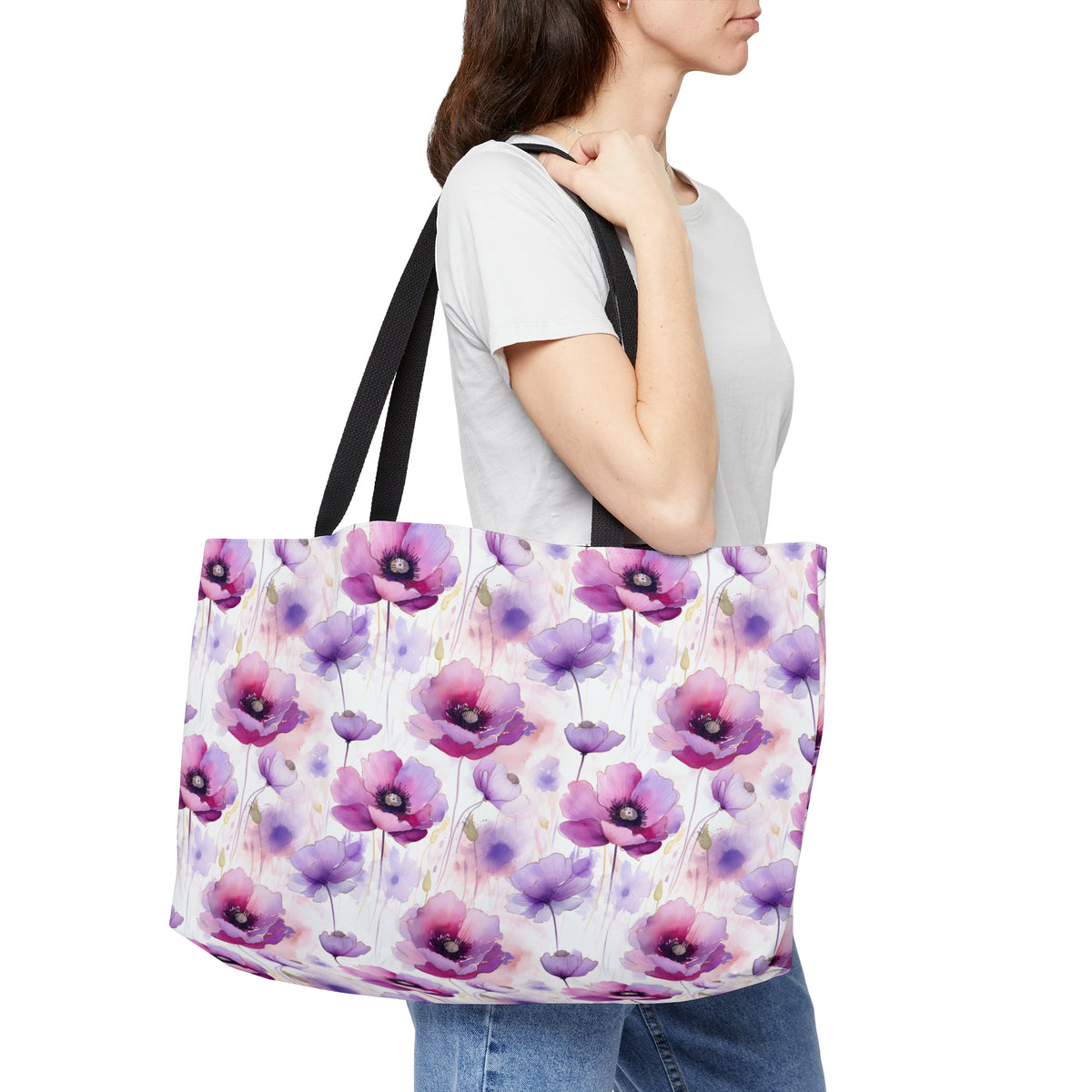 Purple Poppies Floral Pattern, Watercolour, Flowers, Weekender Tote Bag