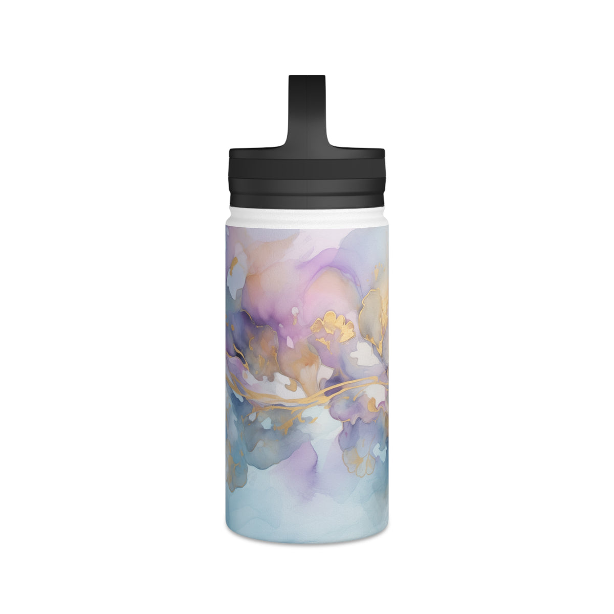 Orchid Purple, Teal Blue, Watercolour, Gold Streaks, Marbled, Stainless Steel Water Bottle, Handle Lid