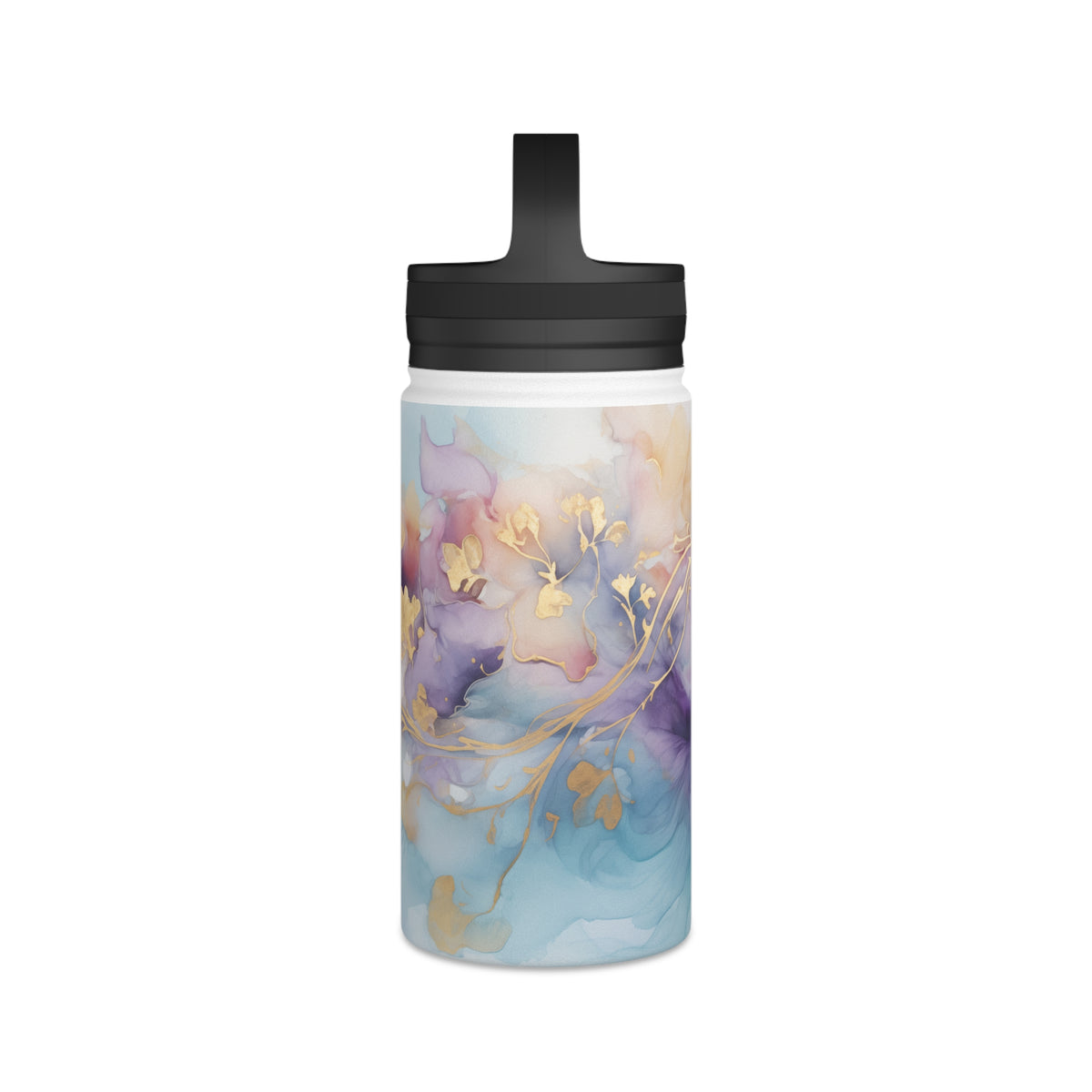 Orchid Purple, Teal Blue, Watercolour, Gold Streaks, Marbled, Stainless Steel Water Bottle, Handle Lid