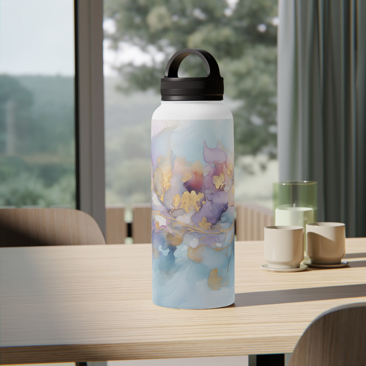 Orchid Purple, Teal Blue, Watercolour, Gold Streaks, Marbled, Stainless Steel Water Bottle, Handle Lid