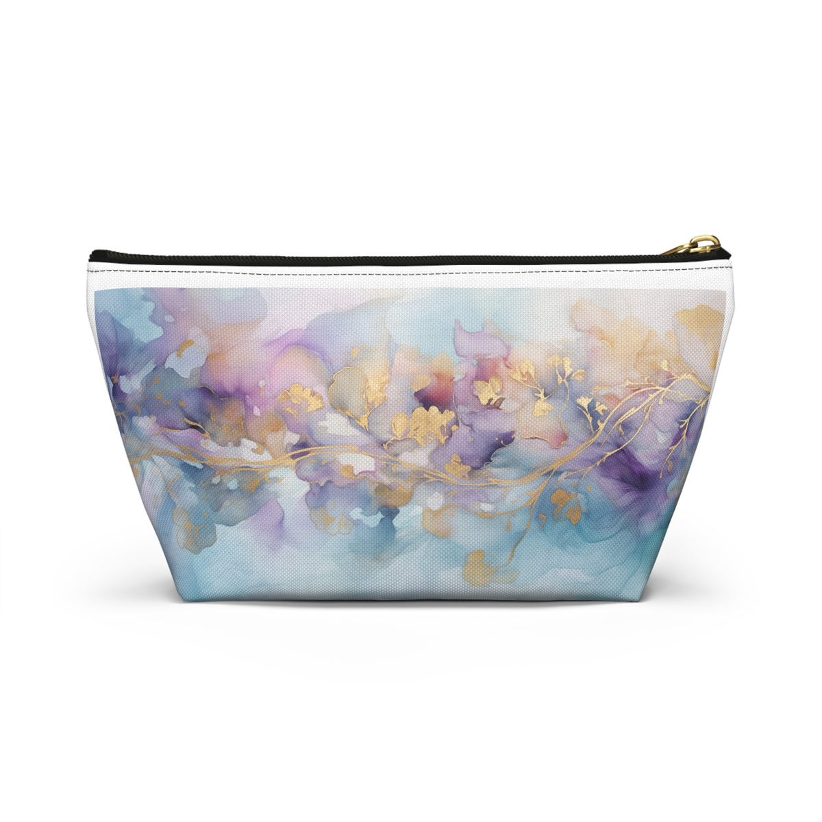 Orchid Purple, Teal Blue, Watercolour, Gold Streaks, Marbled, Accessory Pouch w T-bottom