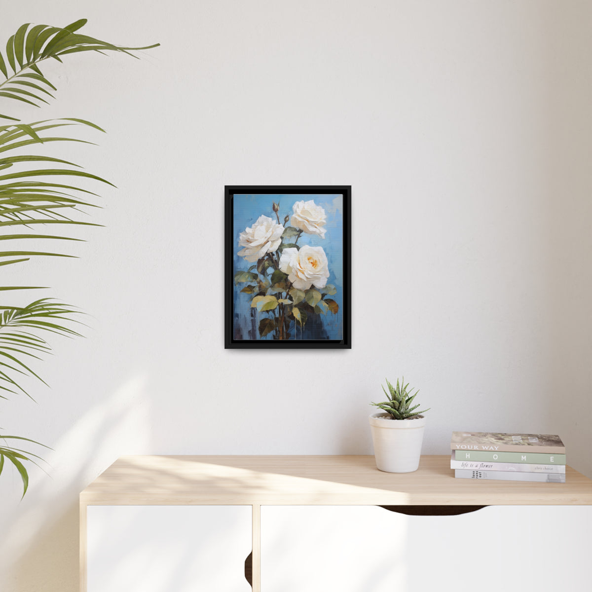 White Rose Flower, Oil Painting, Matte Canvas, Black Frame