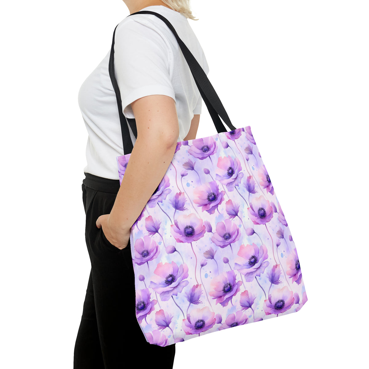 Purple Poppies Floral Pattern, Watercolour, Flowers, Tote Bag (AOP)