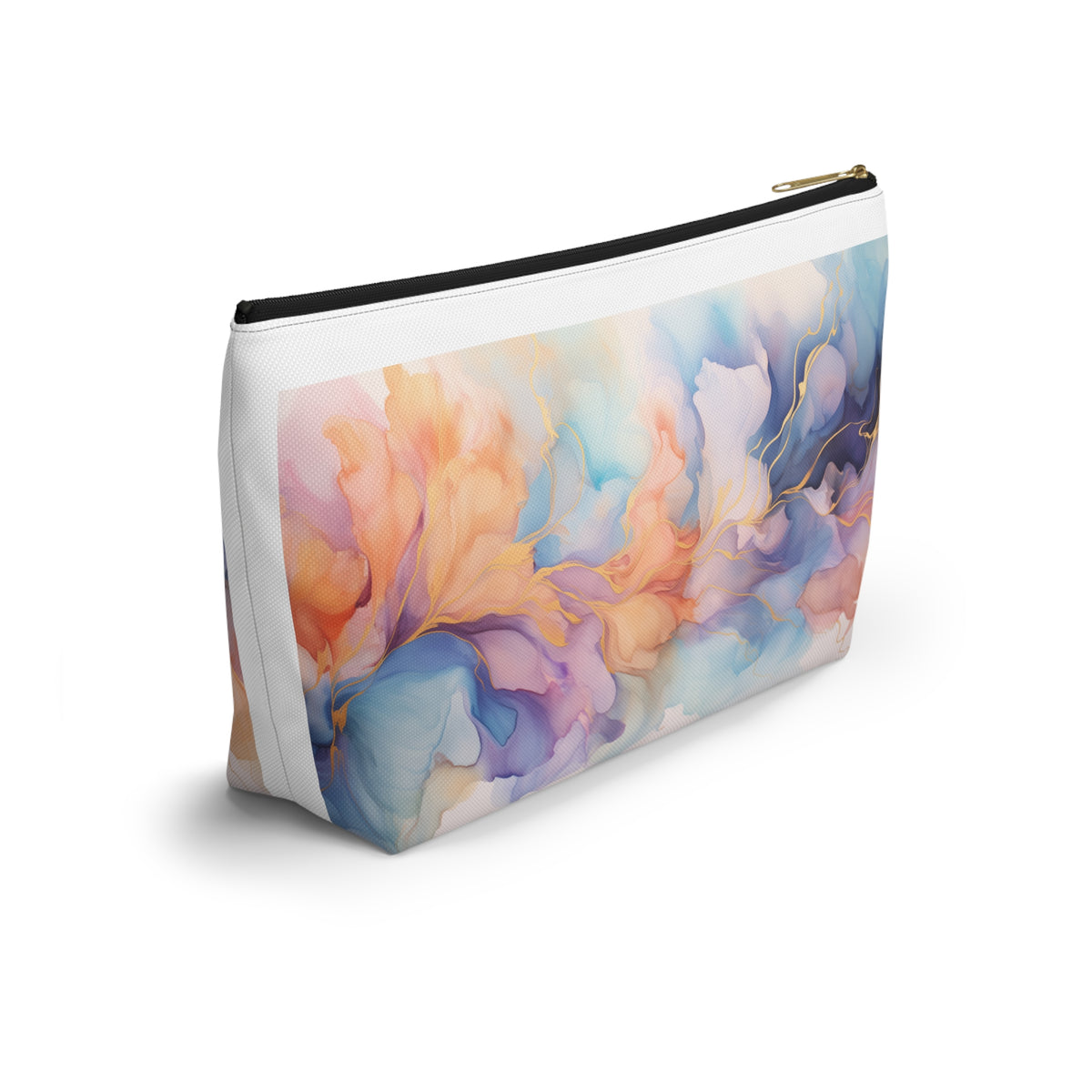 Orchid Purple, Teal Blue, Coral Reef, Watercolour, Gold Streaks, Marbled, Accessory Pouch w T-bottom