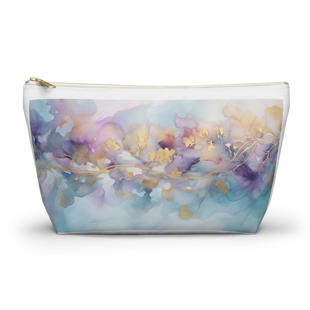 Orchid Purple, Teal Blue, Watercolour, Gold Streaks, Marbled, Accessory Pouch w T-bottom