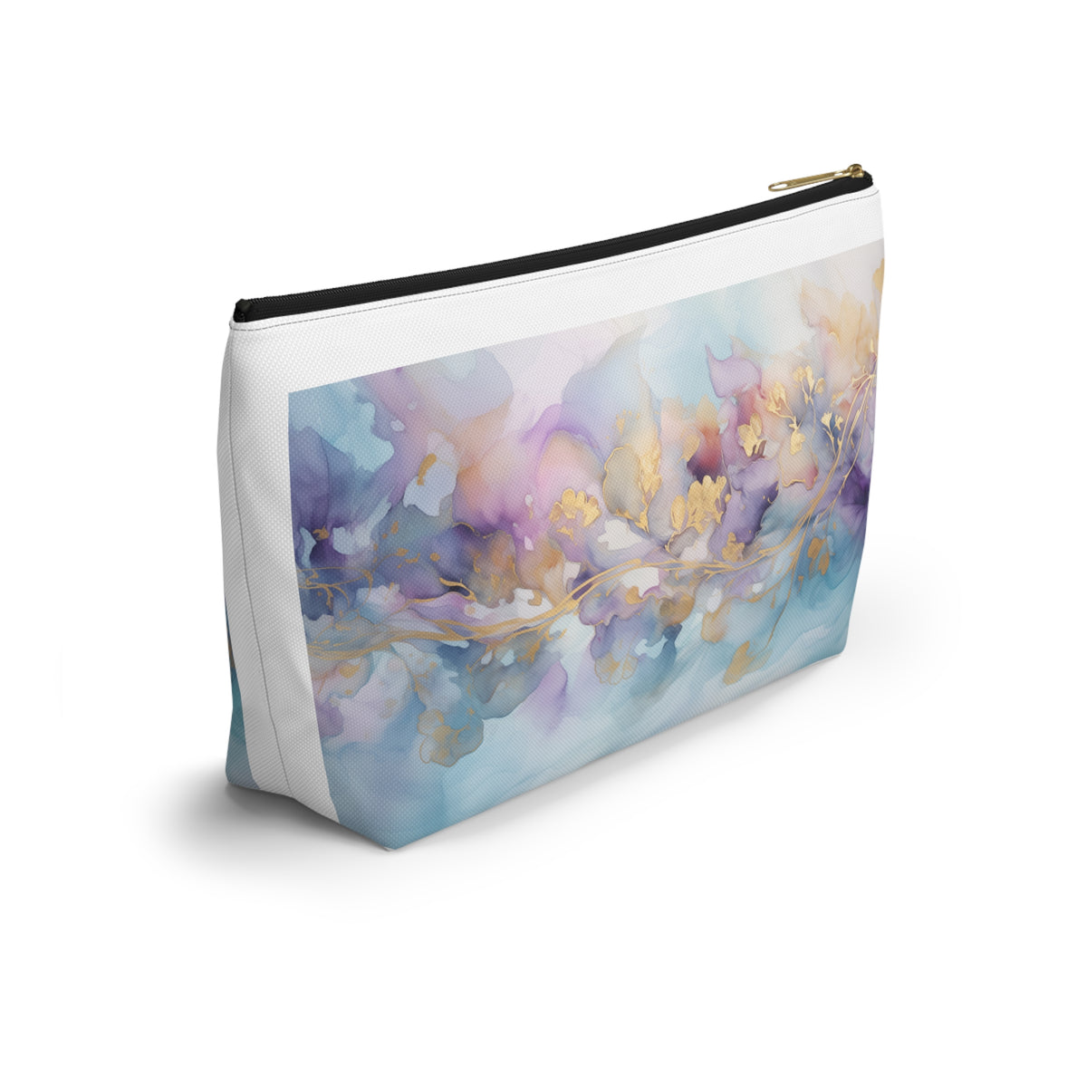 Orchid Purple, Teal Blue, Watercolour, Gold Streaks, Marbled, Accessory Pouch w T-bottom