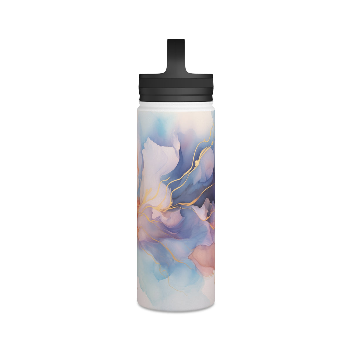 Orchid Purple, Teal Blue, Coral Reef, Watercolour, Gold Streaks, Marbled, Stainless Steel Water Bottle, Handle Lid