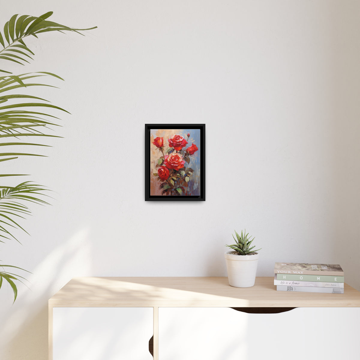 Red Rose Flower, Oil Painting, Matte Canvas, Black Frame