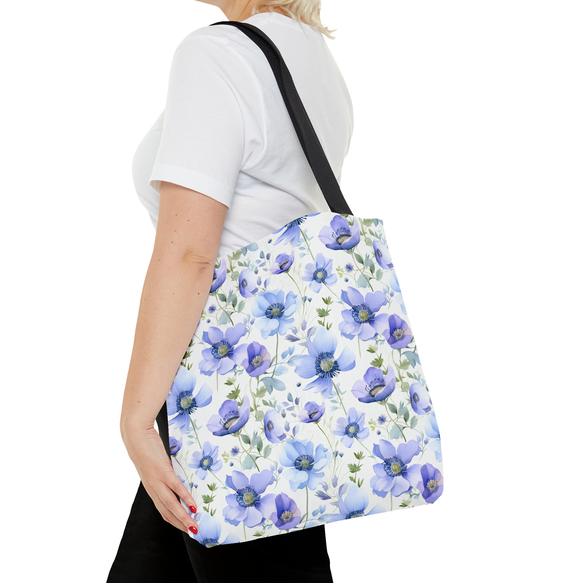 Blue Floral Pattern, Watercolour, Flowers, Tote Bag (AOP)