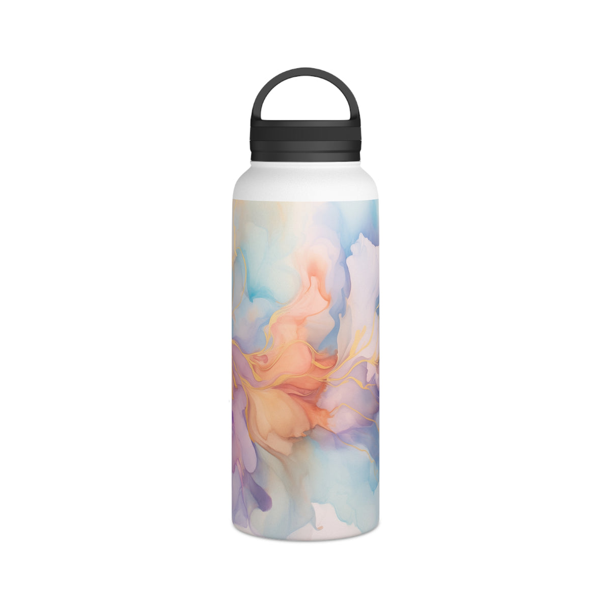 Orchid Purple, Teal Blue, Coral Reef, Watercolour, Gold Streaks, Marbled, Stainless Steel Water Bottle, Handle Lid