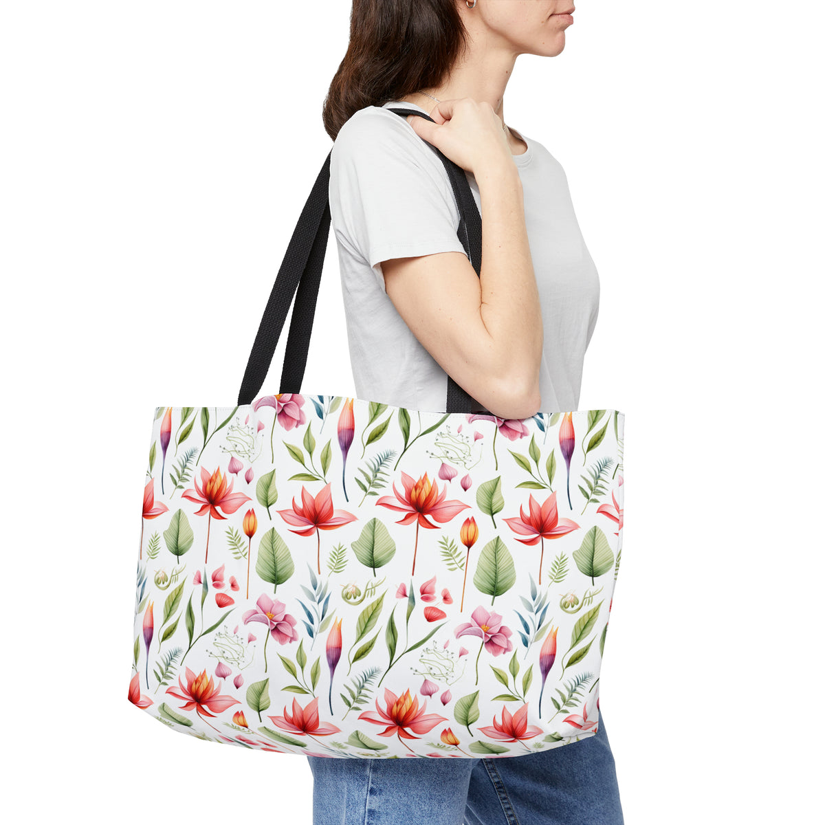 Red Botanicals Floral Pattern, Watercolour, Flowers, Weekender Tote Bag