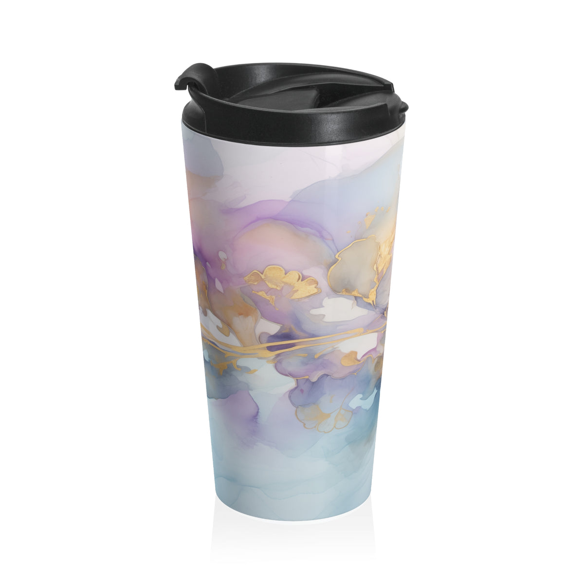 Orchid Purple, Teal Blue, Watercolour, Gold Streaks, Marbled, Stainless Steel Travel Mug