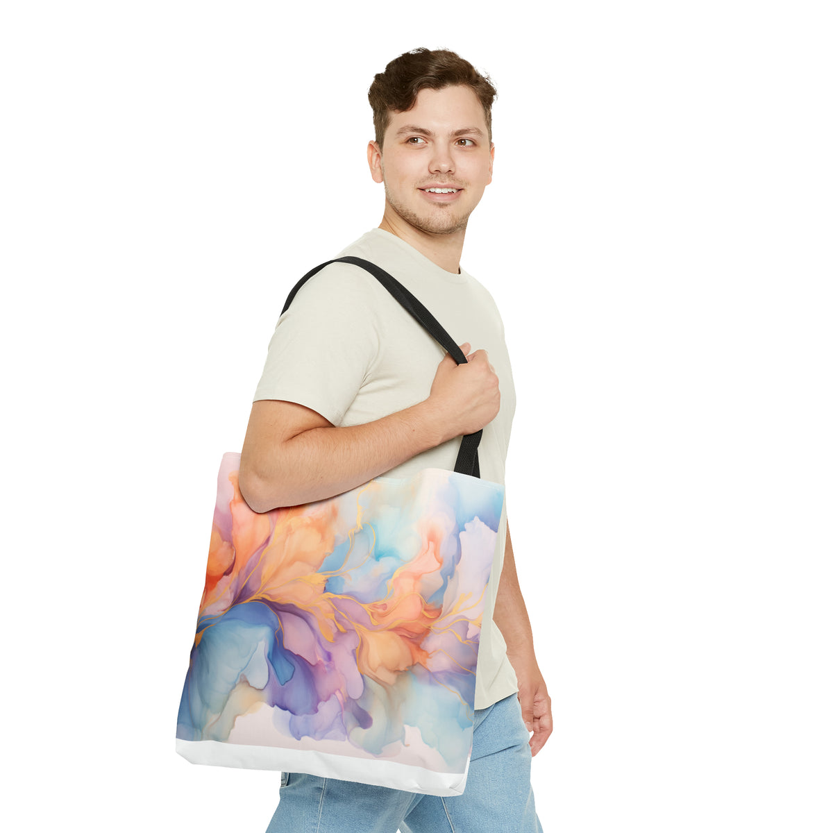 Orchid Purple, Teal Blue, Coral Reef, Watercolour, Gold Streaks, Marbled, Tote Bag (AOP)