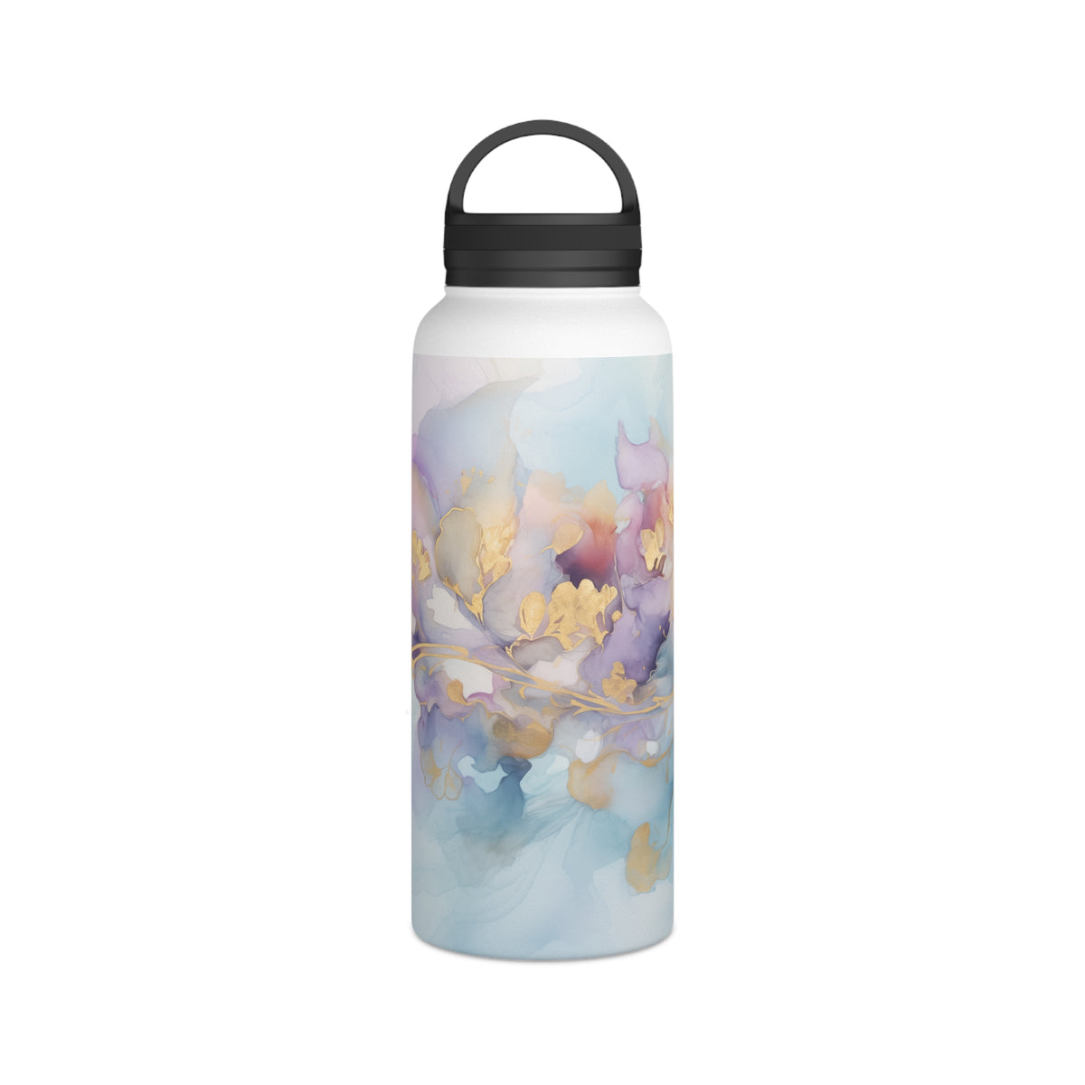 Orchid Purple, Teal Blue, Watercolour, Gold Streaks, Marbled, Stainless Steel Water Bottle, Handle Lid