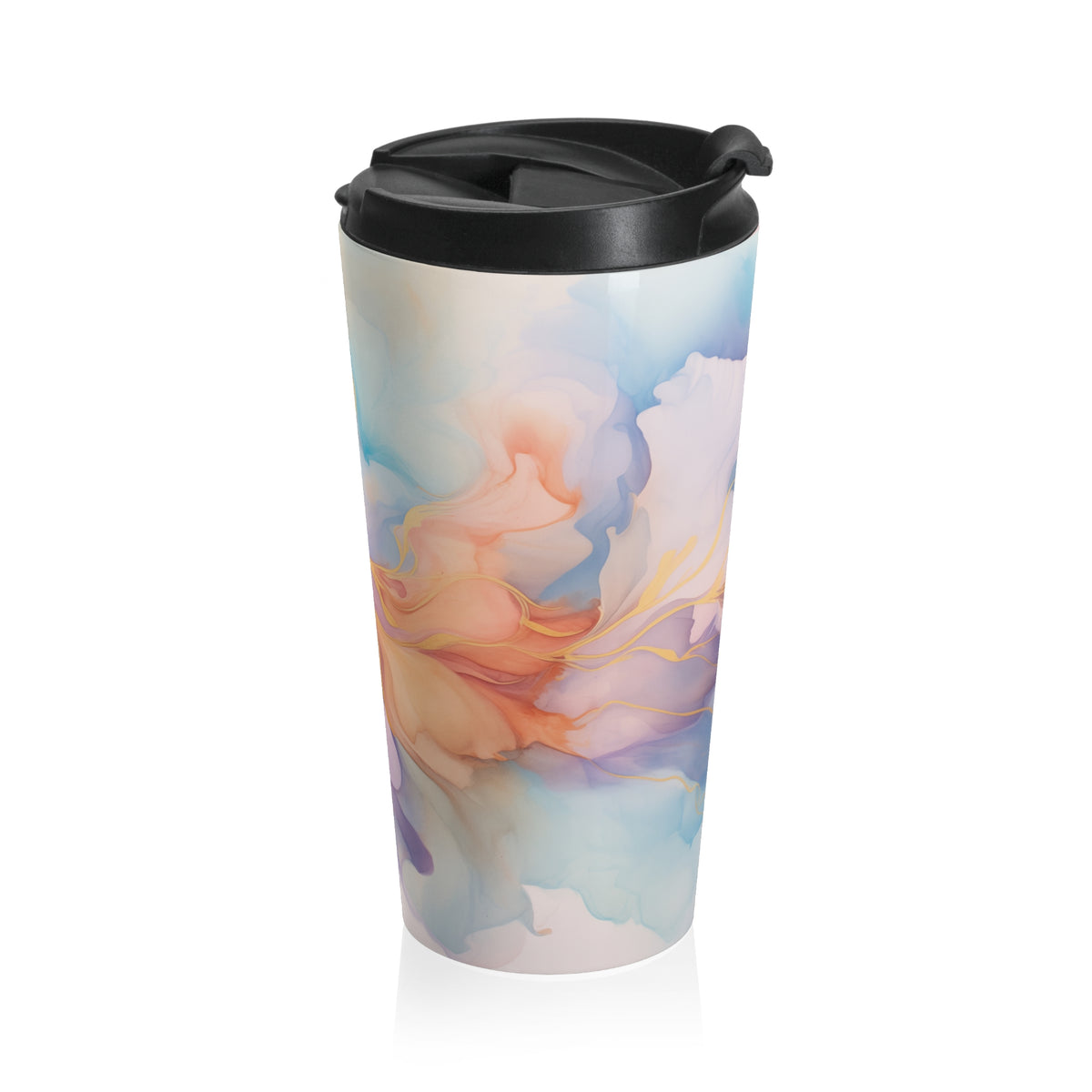 Orchid Purple, Teal Blue, Coral Reef, Watercolour, Gold Streaks, Marbled, Stainless Steel Travel Mug