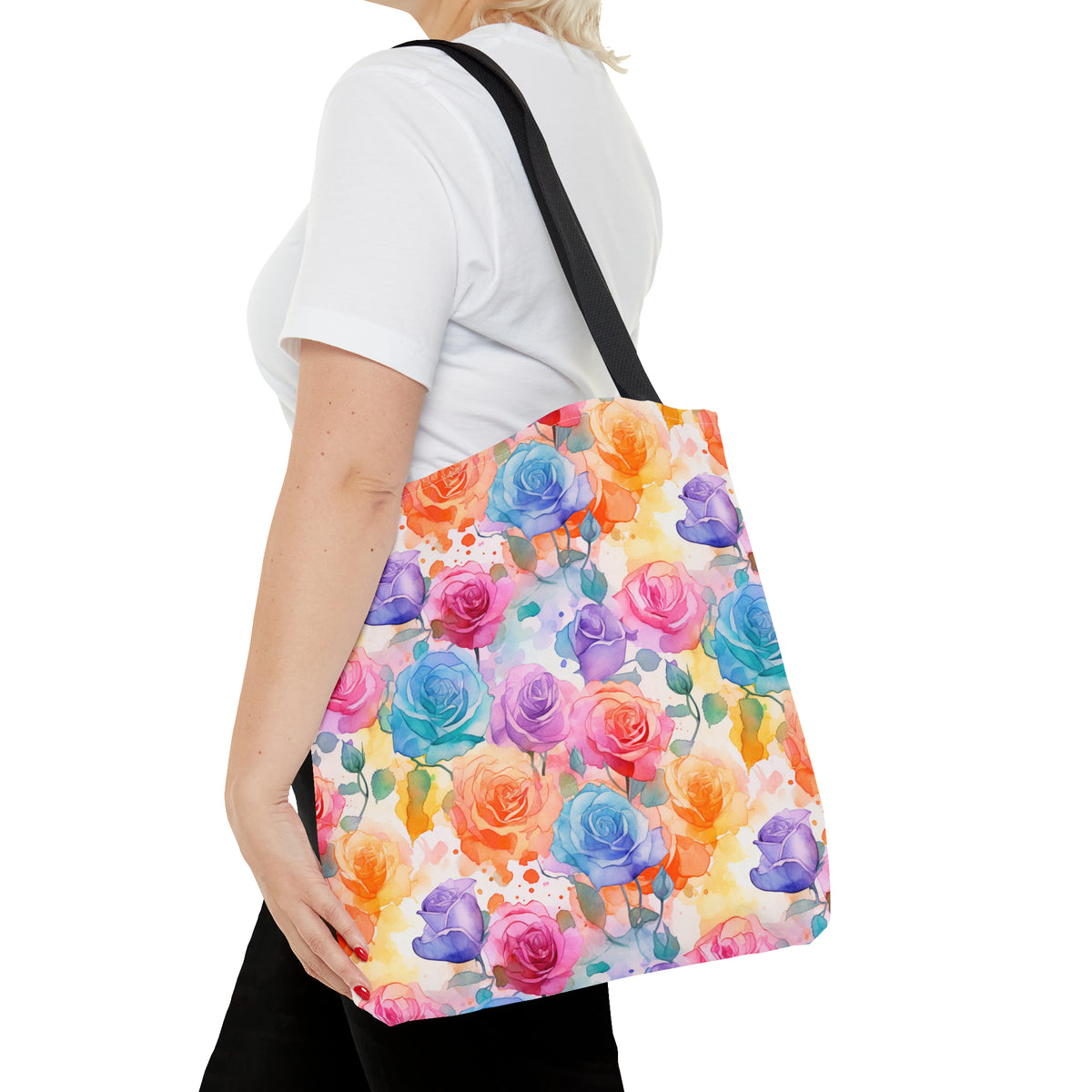 Colorful Roses Floral Pattern, Watercolour, Flowers, Tote Bag (AOP)