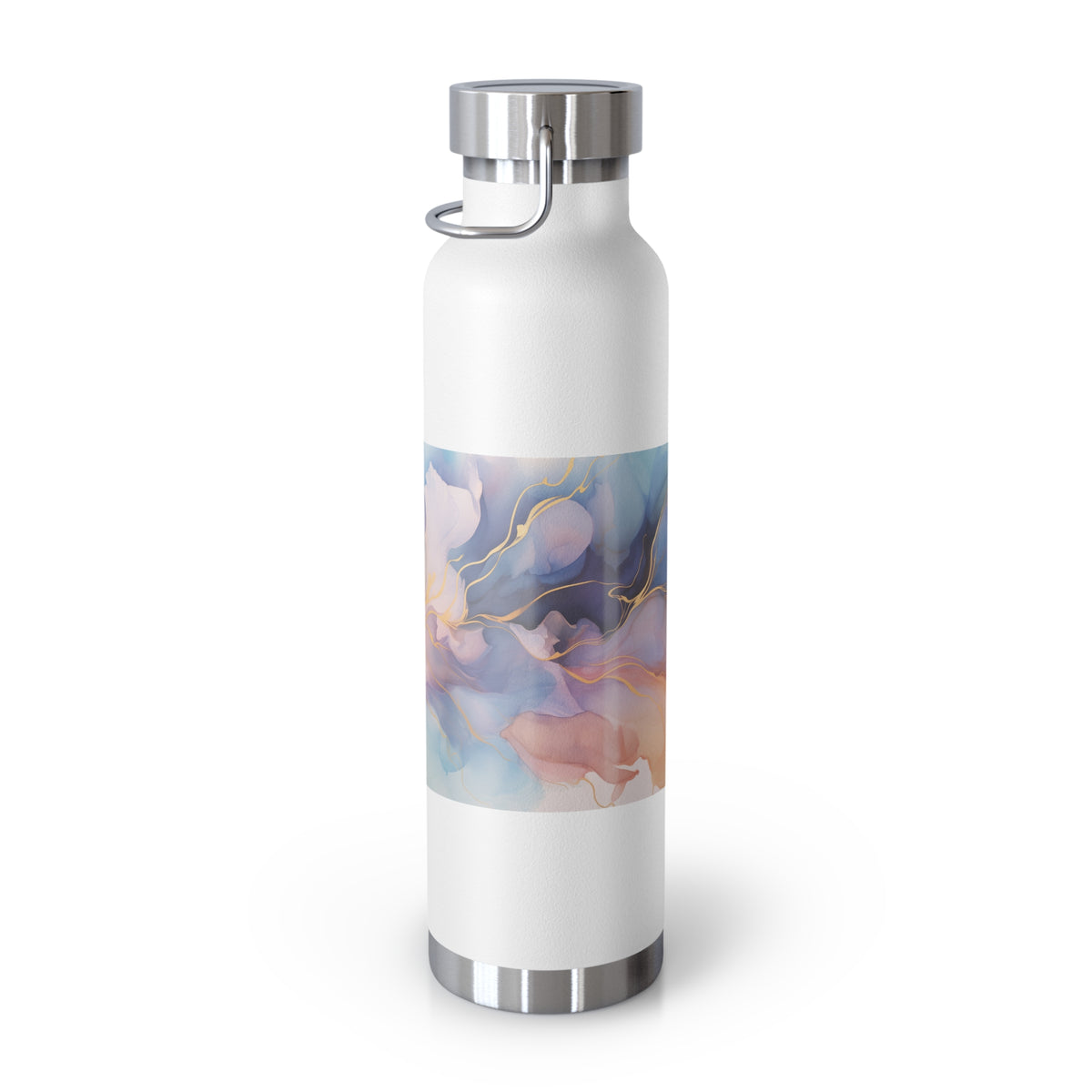 Orchid Purple, Teal Blue, Coral Reef, Watercolour, Gold Streaks, Marbled, Copper Vacuum Insulated Bottle, 22oz