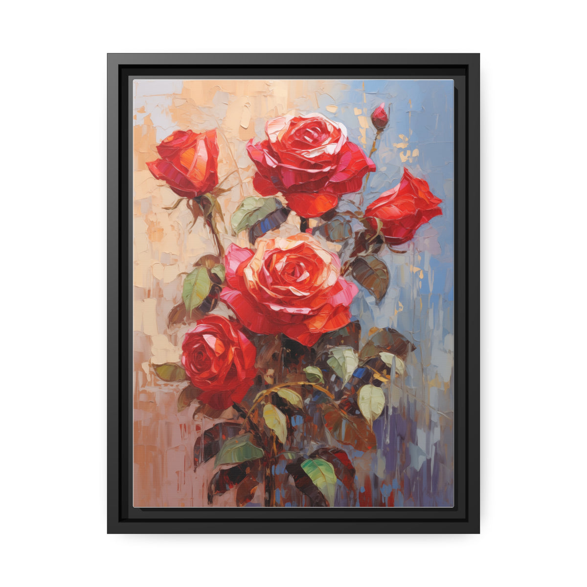 Red Rose Flower, Oil Painting, Matte Canvas, Black Frame