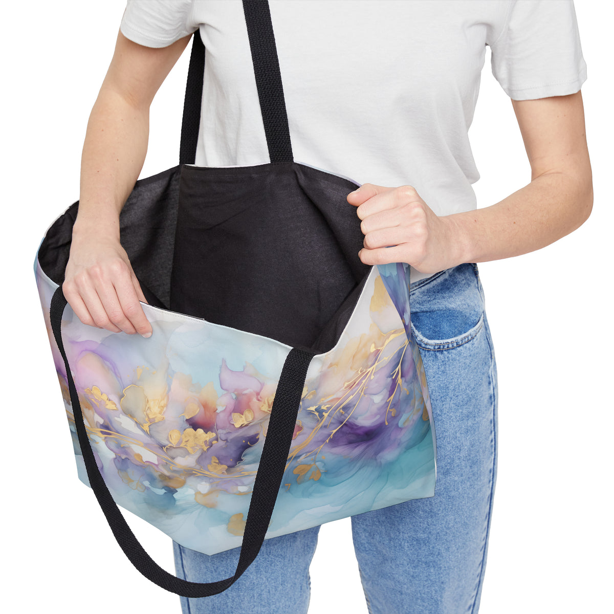 Orchid Purple, Teal Blue, Watercolour, Gold Streaks, Marbled, Weekender Tote Bag