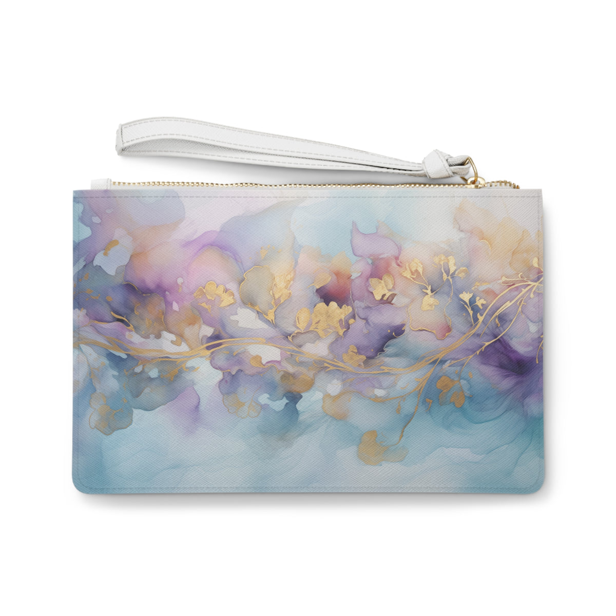 Orchid Purple, Teal Blue, Watercolour, Gold Streaks, Marbled, Clutch Bag