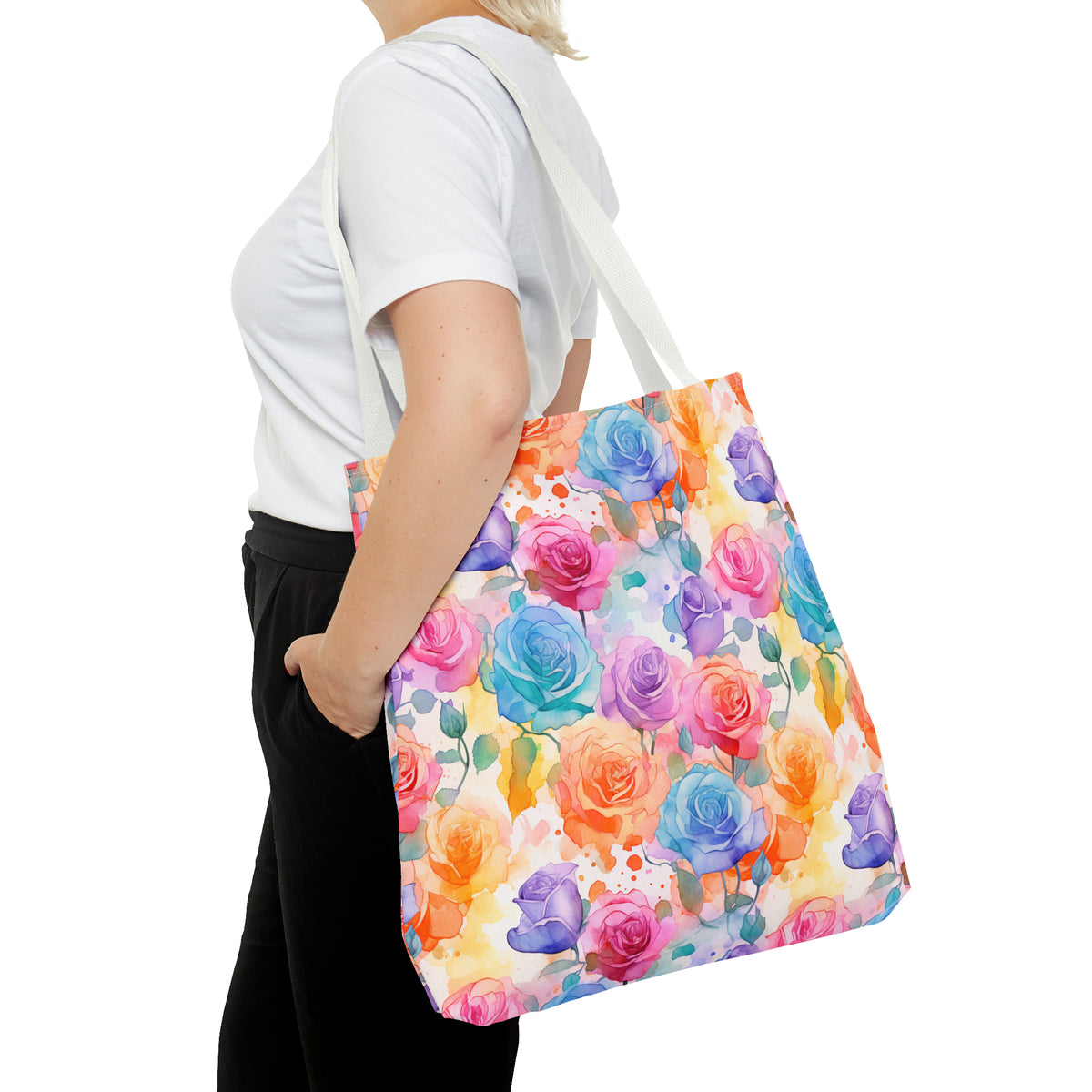 Colorful Roses Floral Pattern, Watercolour, Flowers, Tote Bag (AOP)