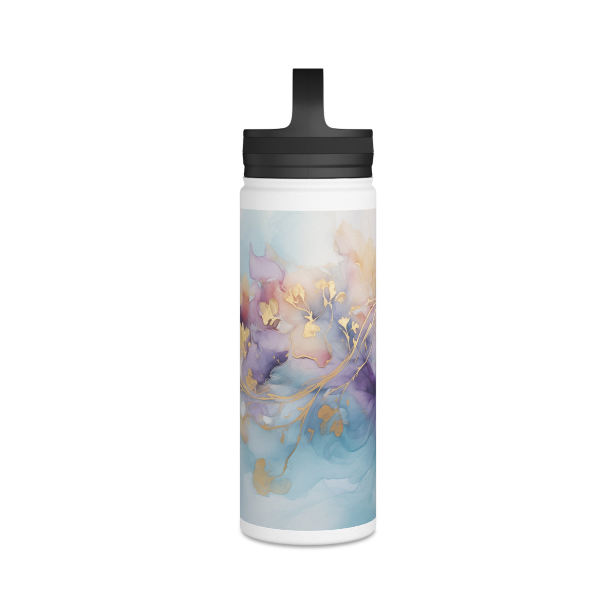 Orchid Purple, Teal Blue, Watercolour, Gold Streaks, Marbled, Stainless Steel Water Bottle, Handle Lid