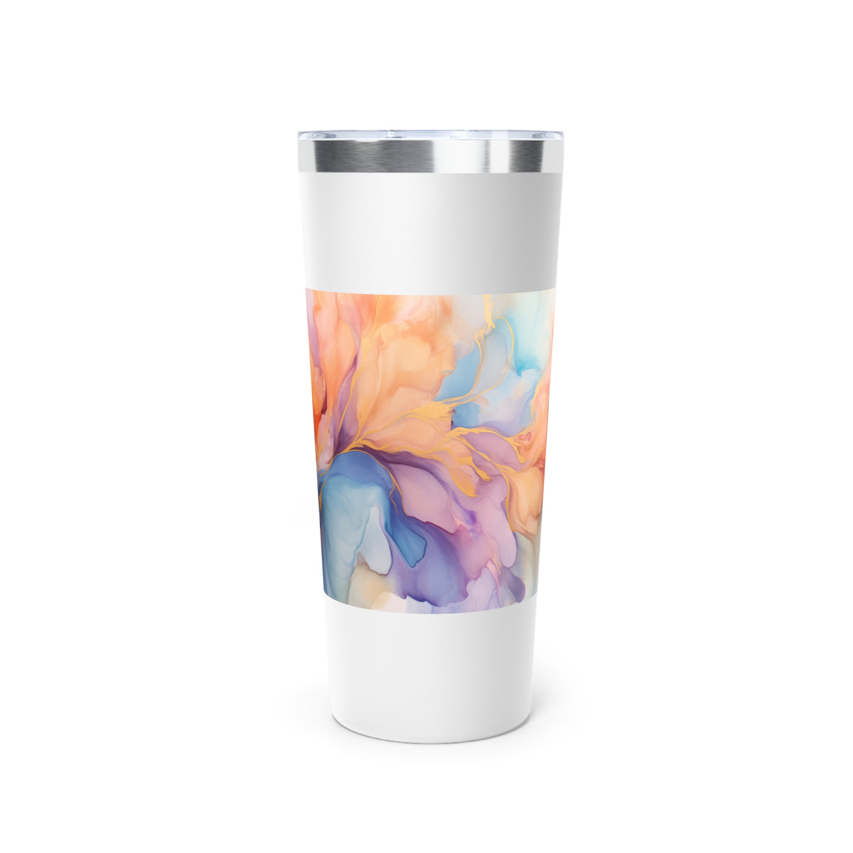 Orchid Purple, Teal Blue, Coral Reef, Watercolour, Gold Streaks, Marbled, Copper Vacuum Insulated Tumbler, 22oz