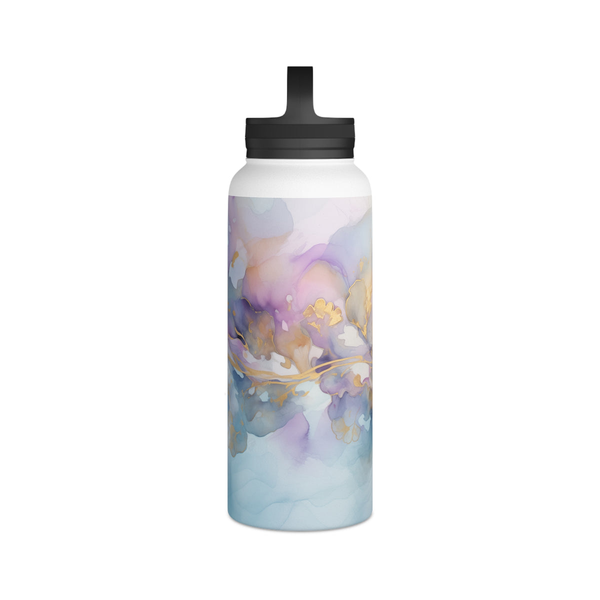 Orchid Purple, Teal Blue, Watercolour, Gold Streaks, Marbled, Stainless Steel Water Bottle, Handle Lid