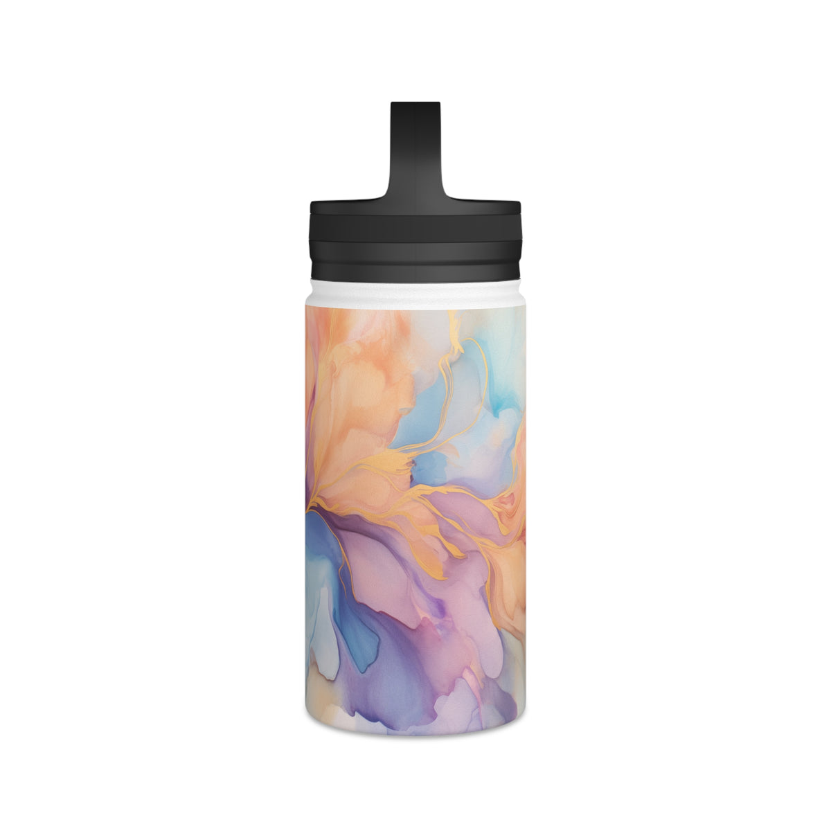 Orchid Purple, Teal Blue, Coral Reef, Watercolour, Gold Streaks, Marbled, Stainless Steel Water Bottle, Handle Lid