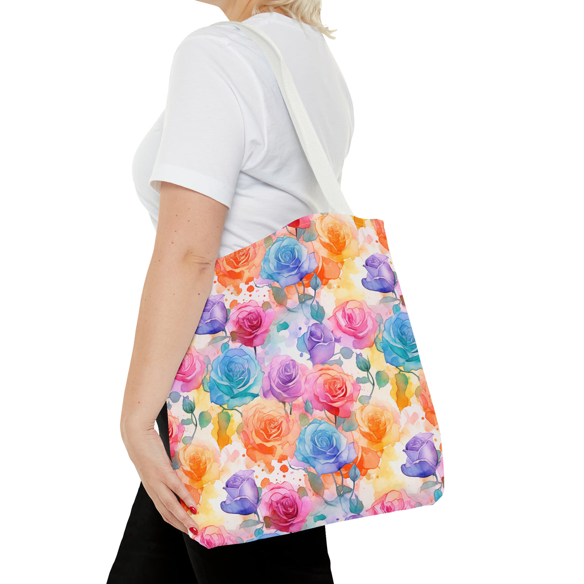 Colorful Roses Floral Pattern, Watercolour, Flowers, Tote Bag (AOP)