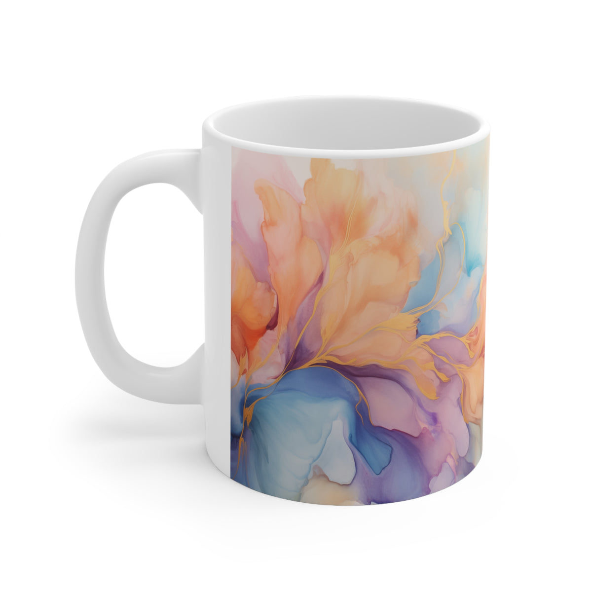 Orchid Purple, Teal Blue, Coral Reef, Watercolour, Gold Streaks, Marbled, Ceramic Coffee Cup, 11oz