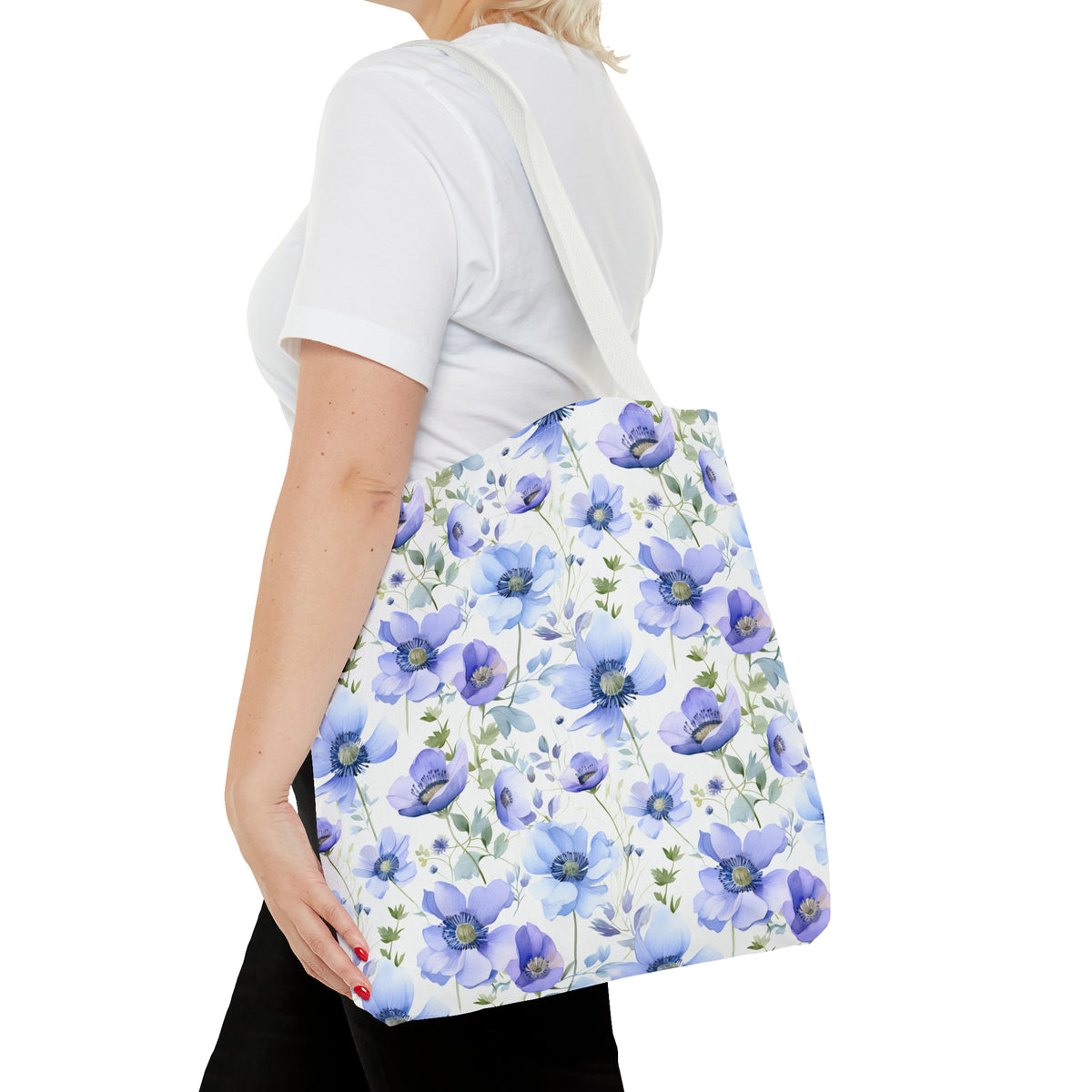 Blue Floral Pattern, Watercolour, Flowers, Tote Bag (AOP)