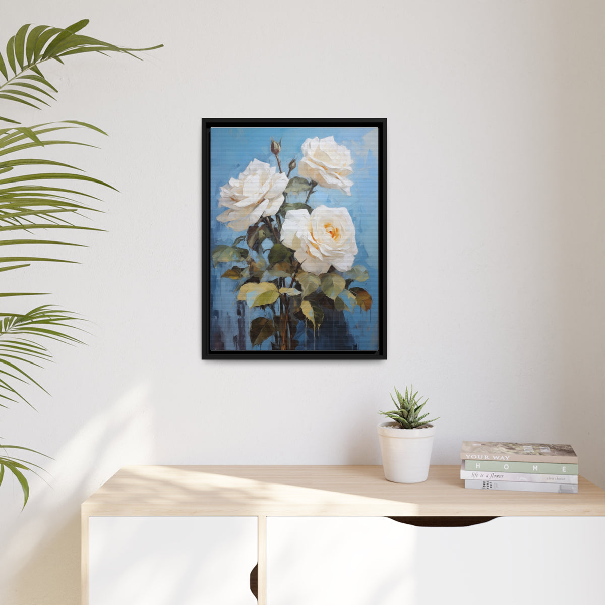 White Rose Flower, Oil Painting, Matte Canvas, Black Frame