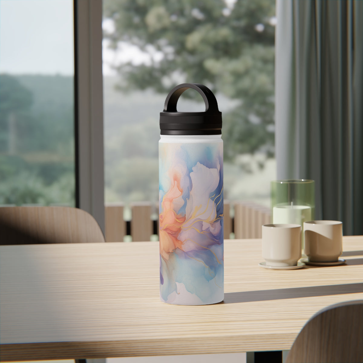 Orchid Purple, Teal Blue, Coral Reef, Watercolour, Gold Streaks, Marbled, Stainless Steel Water Bottle, Handle Lid