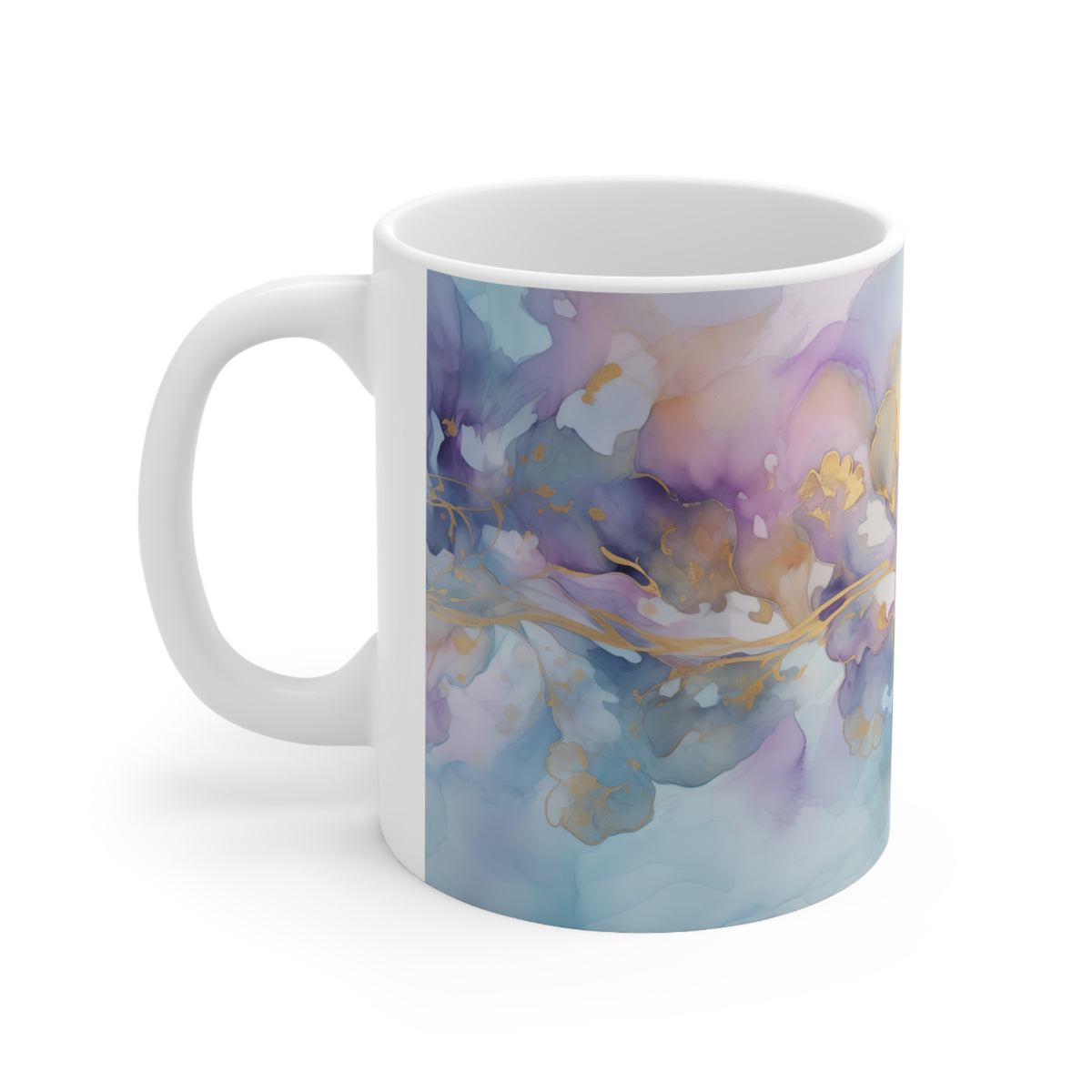 Orchid Purple, Teal Blue, Watercolour, Gold Streaks, Marbled, Ceramic Coffee Cups, 11oz, 15oz