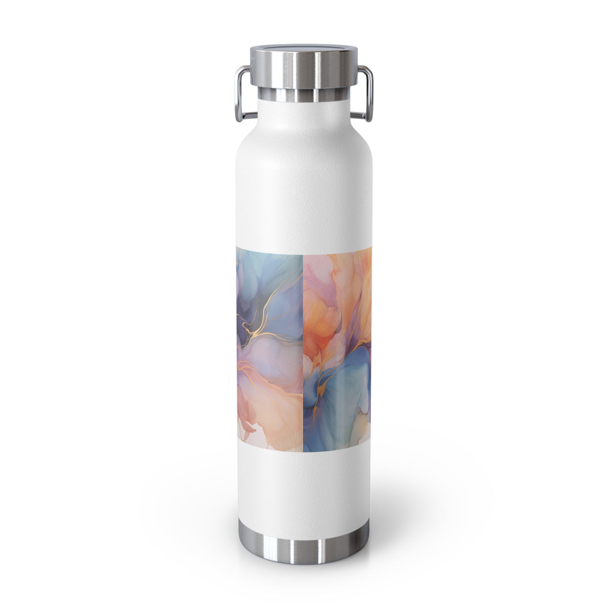 Orchid Purple, Teal Blue, Coral Reef, Watercolour, Gold Streaks, Marbled, Copper Vacuum Insulated Bottle, 22oz