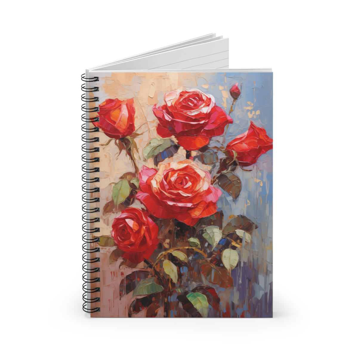 Red Rose Flower, Oil Painting, Spiral Notebook - Ruled Line