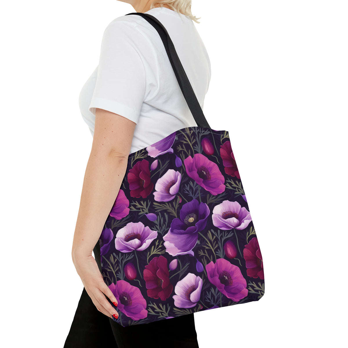 Purple Poppies Floral Pattern, Watercolour, Flowers, Tote Bag (AOP)